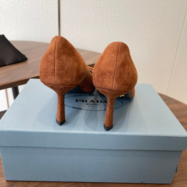 PRADA 26S POINTED TOE HIGH HEELS 75MM IN CARAMEL BROWN SUEDE WITH LOGO