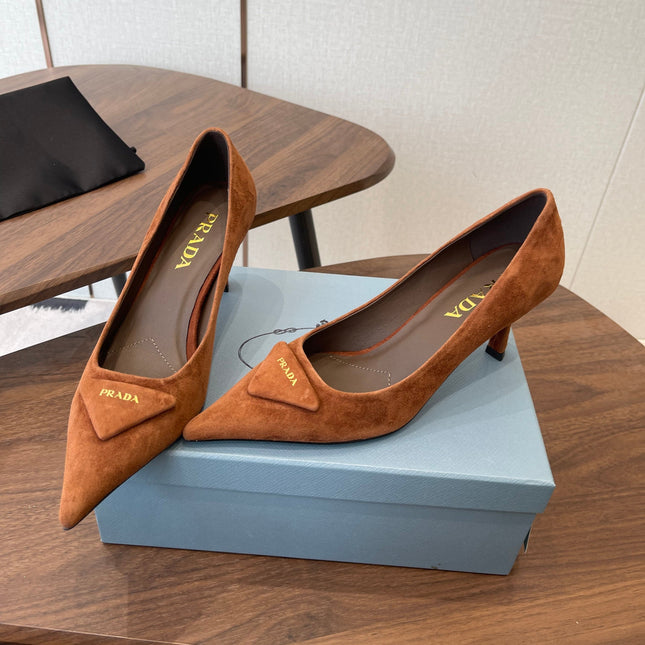 PRADA 26S POINTED TOE HIGH HEELS 75MM IN CARAMEL BROWN SUEDE WITH LOGO