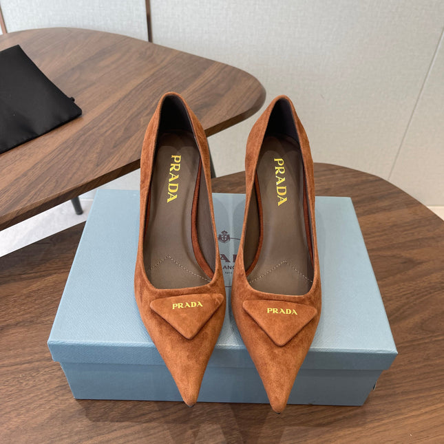 PRADA 26S POINTED TOE HIGH HEELS 75MM IN CARAMEL BROWN SUEDE WITH LOGO