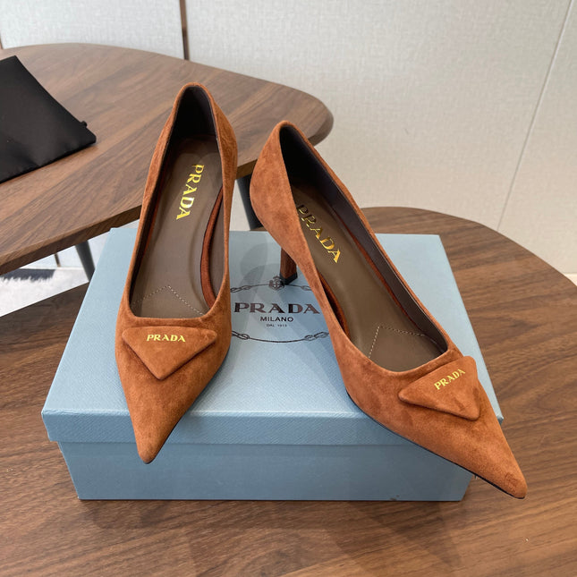 PRADA 26S POINTED TOE HIGH HEELS 75MM IN CARAMEL BROWN SUEDE WITH LOGO