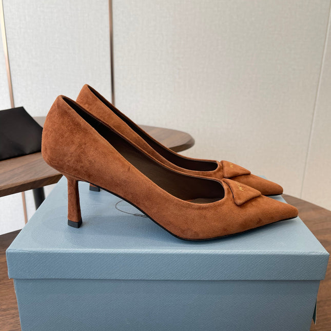 PRADA 26S POINTED TOE HIGH HEELS 75MM IN CARAMEL BROWN SUEDE WITH LOGO