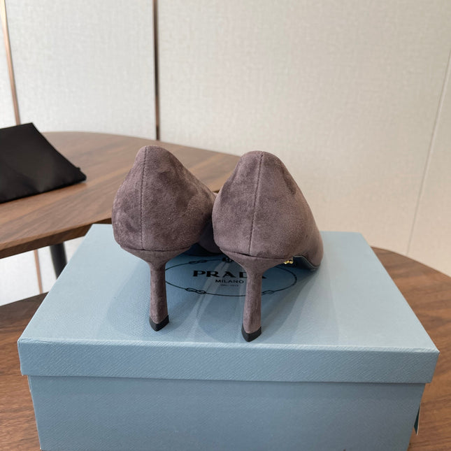 PRADA 26S POINTED TOE HIGH HEELS 75MM IN TAUPE BROWN SUEDE WITH LOGO