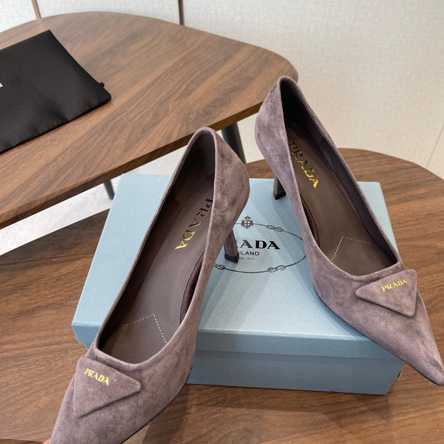 PRADA 26S POINTED TOE HIGH HEELS 75MM IN TAUPE BROWN SUEDE WITH LOGO