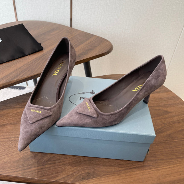 PRADA 26S POINTED TOE HIGH HEELS 75MM IN TAUPE BROWN SUEDE WITH LOGO