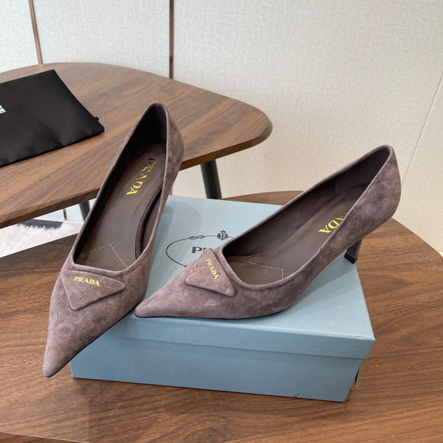 PRADA 26S SLINGBACK PUMPS 75MM IN TAUPE BROWN SUEDE WITH LOGO