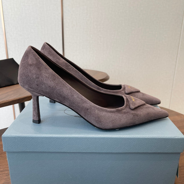 PRADA 26S POINTED TOE HIGH HEELS 75MM IN TAUPE BROWN SUEDE WITH LOGO