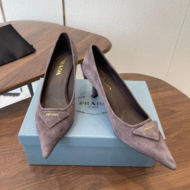 PRADA 26S POINTED TOE HIGH HEELS 75MM IN TAUPE BROWN SUEDE WITH LOGO