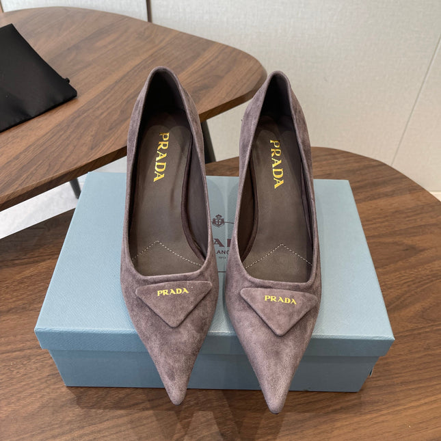 PRADA 26S SLINGBACK PUMPS 75MM IN TAUPE BROWN SUEDE WITH LOGO