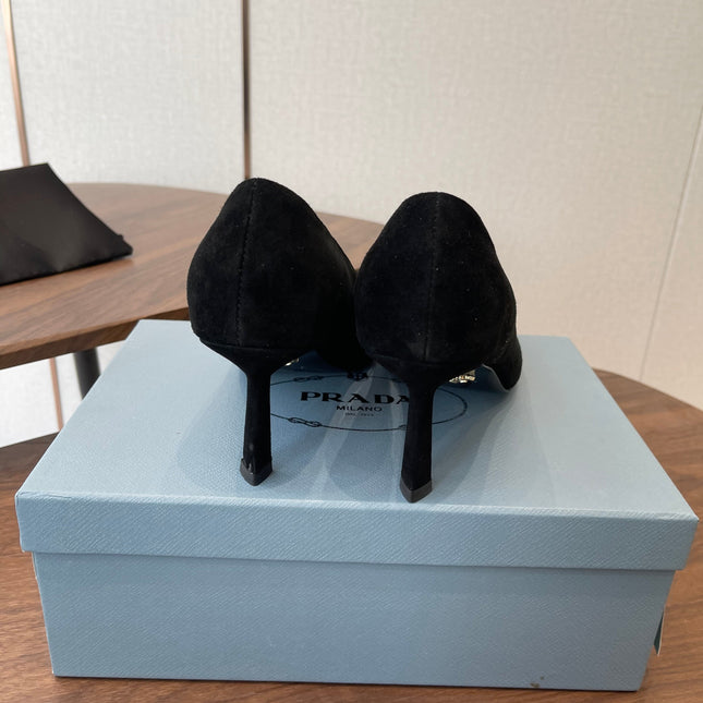PRADA 26S POINTED TOE HIGH HEELS 75MM IN BLACK SUEDE WITH LOGO