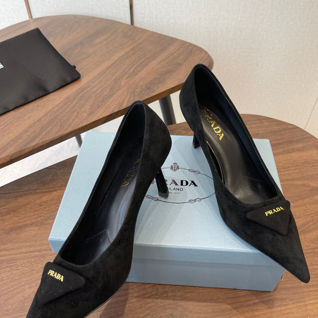PRADA 26S POINTED TOE HIGH HEELS 75MM IN BLACK SUEDE WITH LOGO