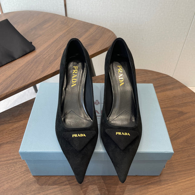 PRADA 26S POINTED TOE HIGH HEELS 75MM IN BLACK SUEDE WITH LOGO