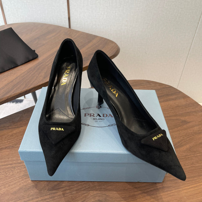 PRADA 26S POINTED TOE HIGH HEELS 75MM IN BLACK SUEDE WITH LOGO