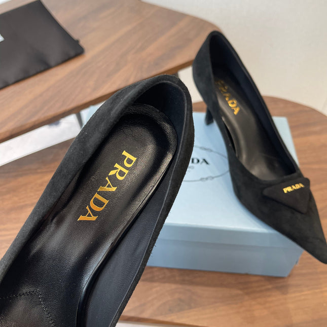 PRADA 26S POINTED TOE HIGH HEELS 75MM IN BLACK SUEDE WITH LOGO