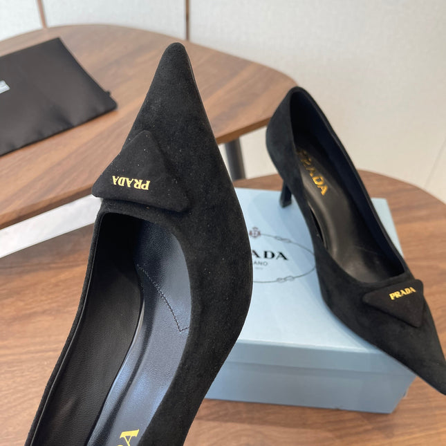 PRADA 26S POINTED TOE HIGH HEELS 75MM IN BLACK SUEDE WITH LOGO