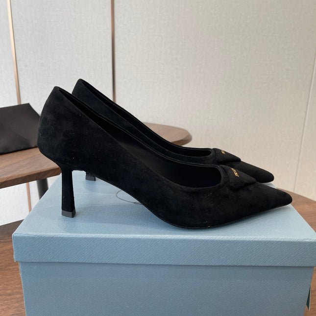 PRADA 26S POINTED TOE HIGH HEELS 75MM IN BLACK SUEDE WITH LOGO