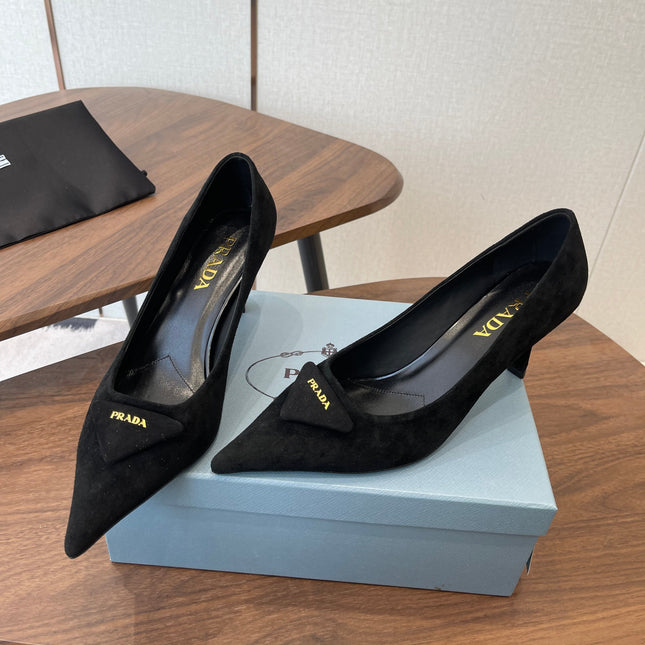 PRADA 26S POINTED TOE HIGH HEELS 75MM IN BLACK SUEDE WITH LOGO