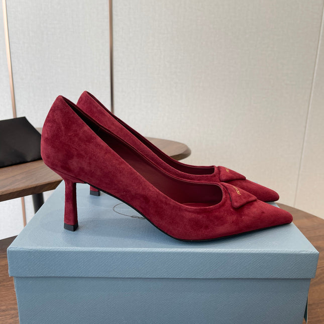PRADA 26S POINTED TOE HIGH HEELS 75MM IN DARK RED SUEDE WITH LOGO