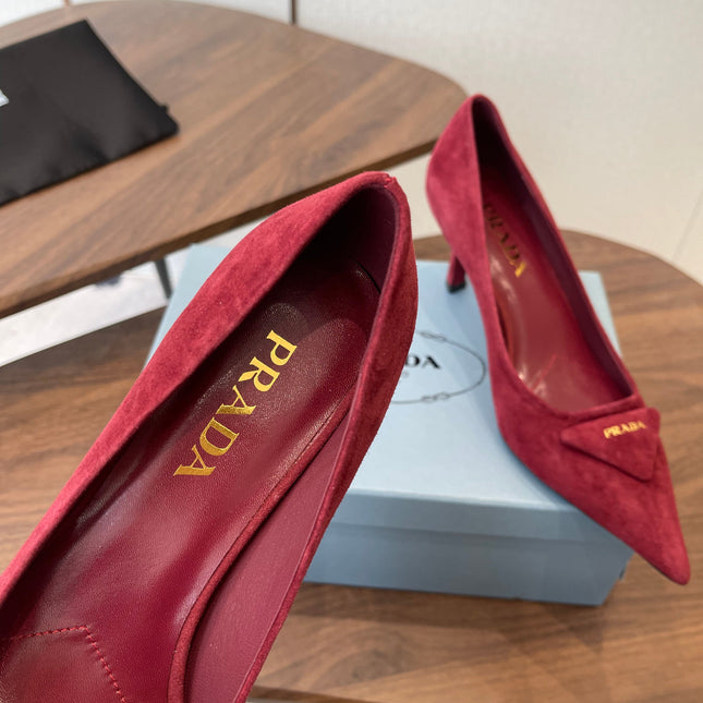 PRADA 26S POINTED TOE HIGH HEELS 75MM IN DARK RED SUEDE WITH LOGO