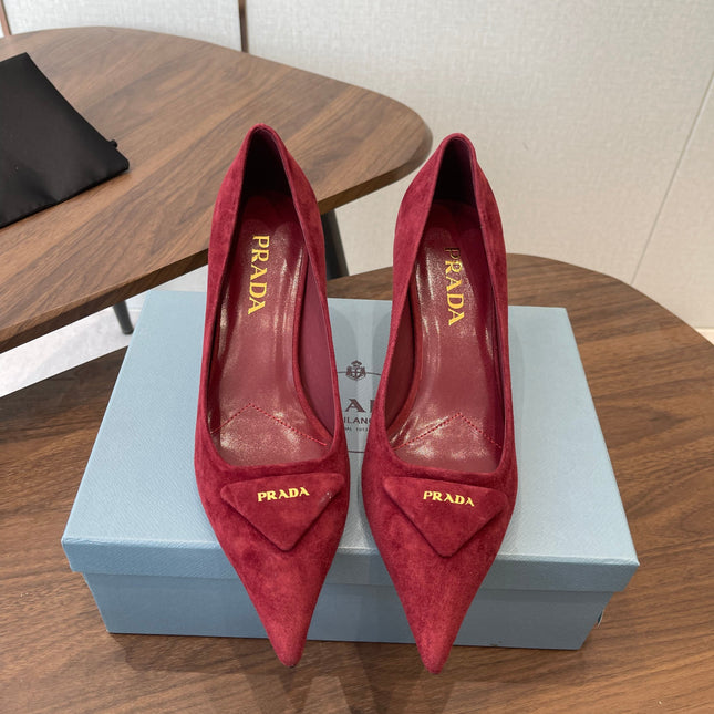 PRADA 26S POINTED TOE HIGH HEELS 75MM IN DARK RED SUEDE WITH LOGO