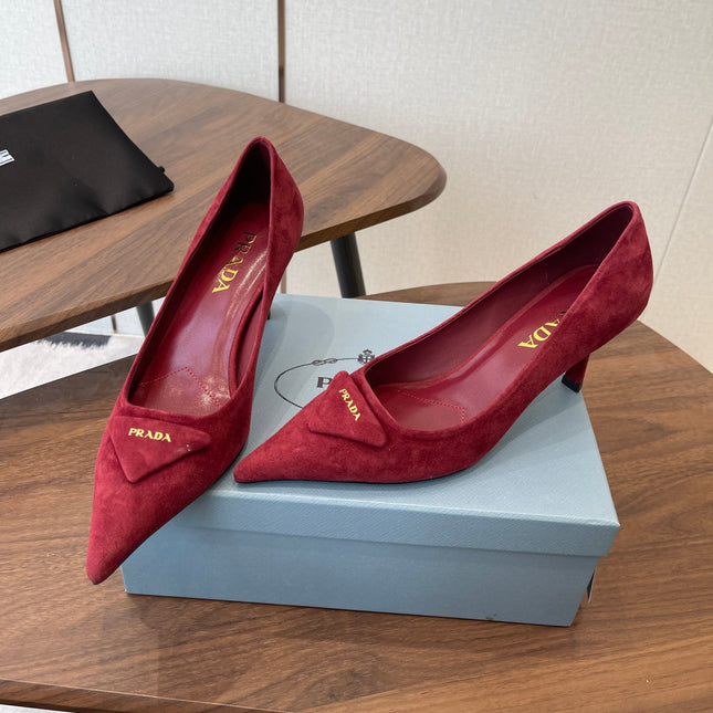 PRADA 26S POINTED TOE HIGH HEELS 75MM IN DARK RED SUEDE WITH LOGO