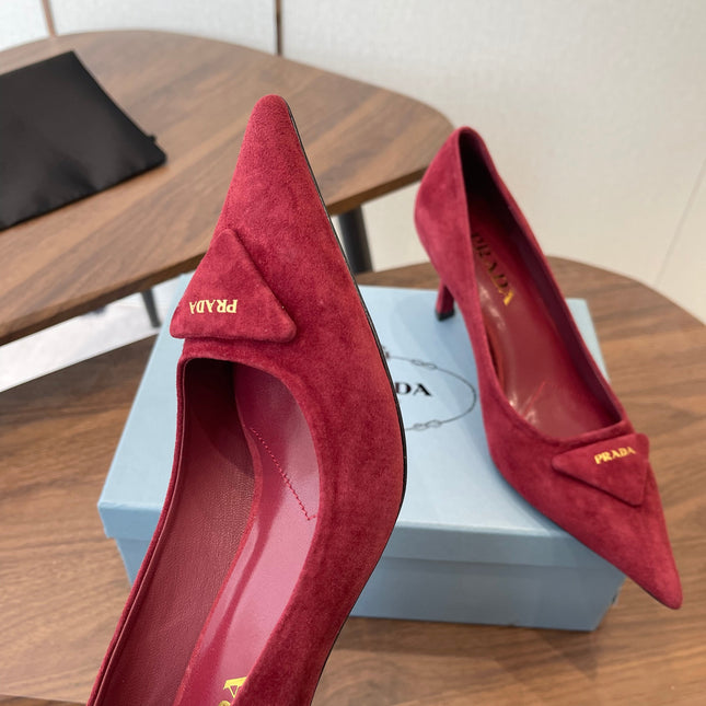 PRADA 26S POINTED TOE HIGH HEELS 75MM IN DARK RED SUEDE WITH LOGO