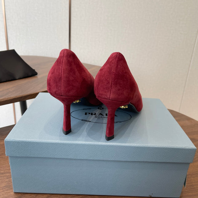 PRADA 26S POINTED TOE HIGH HEELS 75MM IN DARK RED SUEDE WITH LOGO