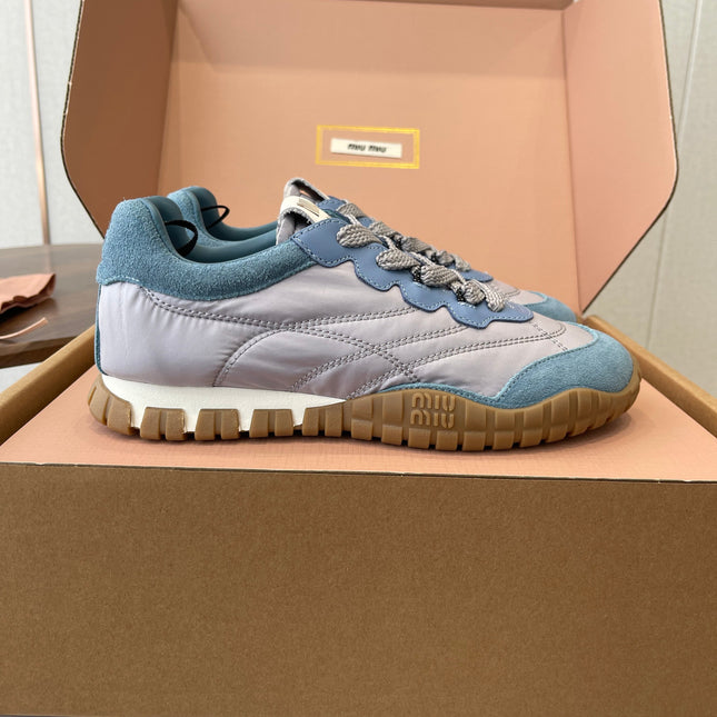 MIUMIU 26S SNEAKERS IN LIGHT GRAY AND BLUE FABRIC AND SUEDE