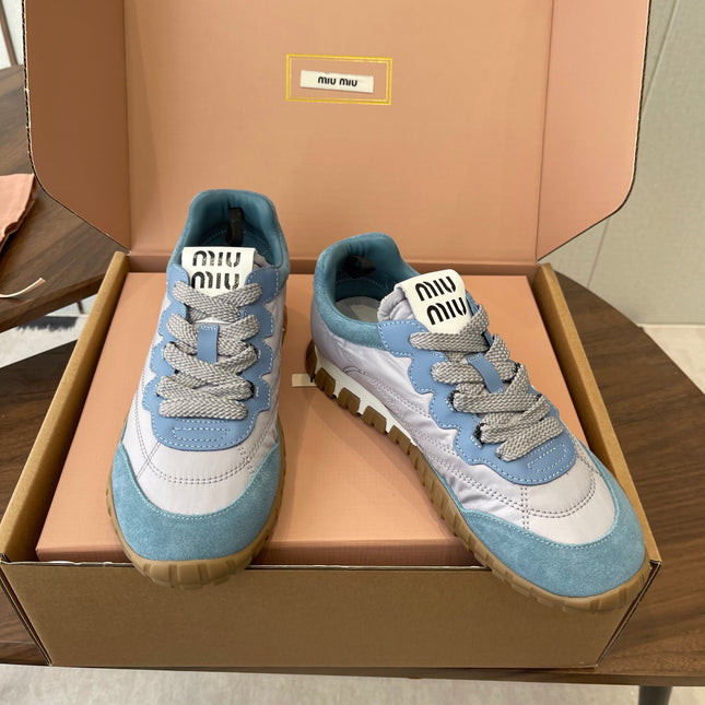 MIUMIU 26S SNEAKERS IN LIGHT GRAY AND BLUE FABRIC AND SUEDE