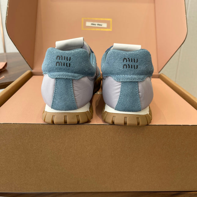 MIUMIU 26S SNEAKERS IN LIGHT GRAY AND BLUE FABRIC AND SUEDE