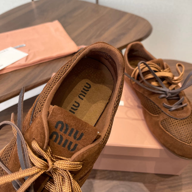 MIUMIU 26S SNEAKERS IN CARAMEL BROWN MESH AND SUEDE