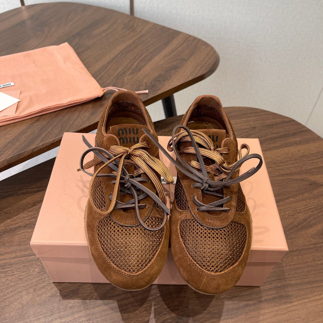 MIUMIU 26S SNEAKERS IN CARAMEL BROWN MESH AND SUEDE