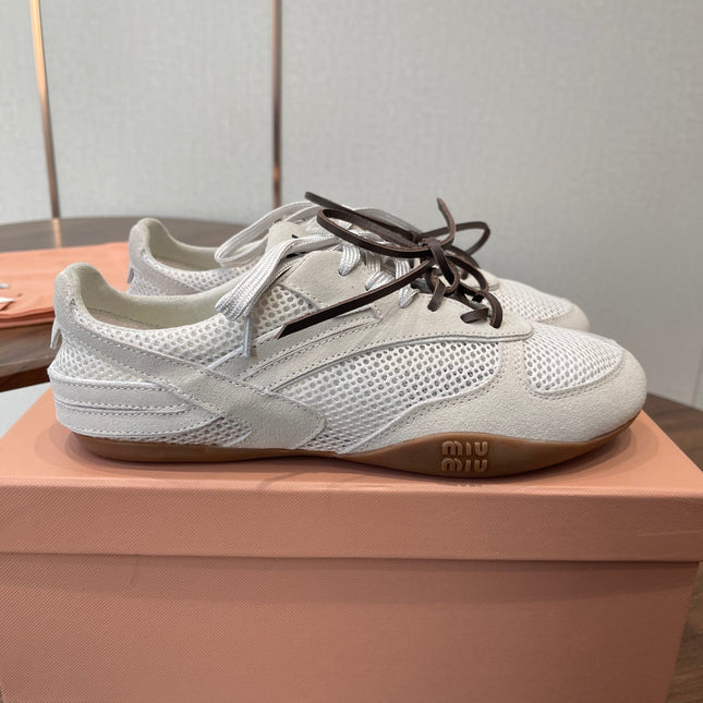 MIUMIU 26S SNEAKERS IN WHITE MESH AND SUEDE