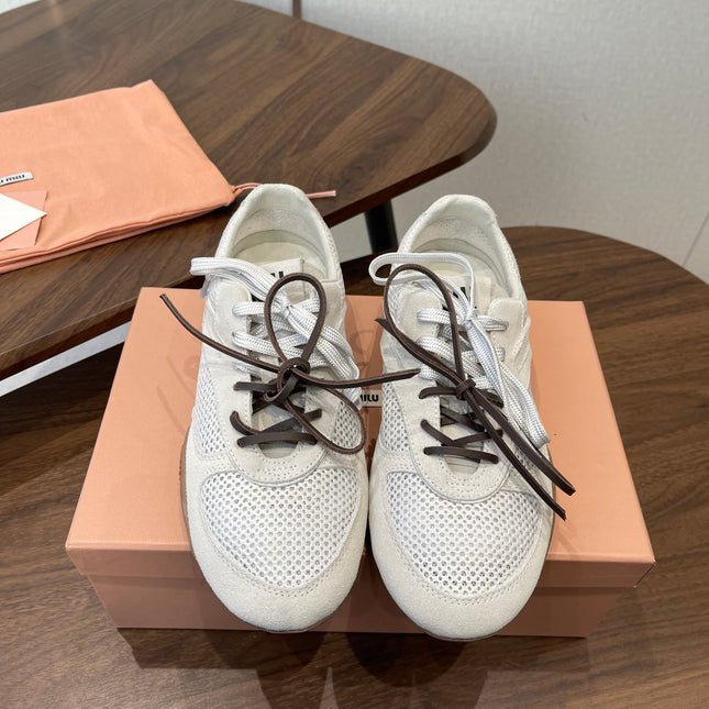 MIUMIU 26S SNEAKERS IN WHITE MESH AND SUEDE