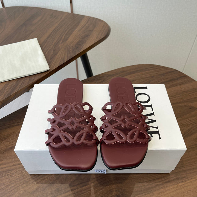 LOEWE 26S PETAL ANAGRAM SLIDE IN WINE RED CALFSKIN