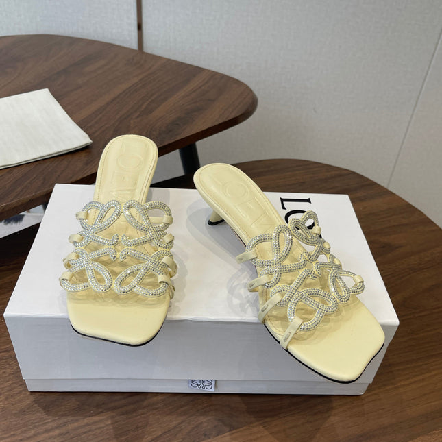 LOEWE 26S HIGH HEEL SANDALS IN LIGHT YELLOW CALFSKIN WITH CRYSTALS