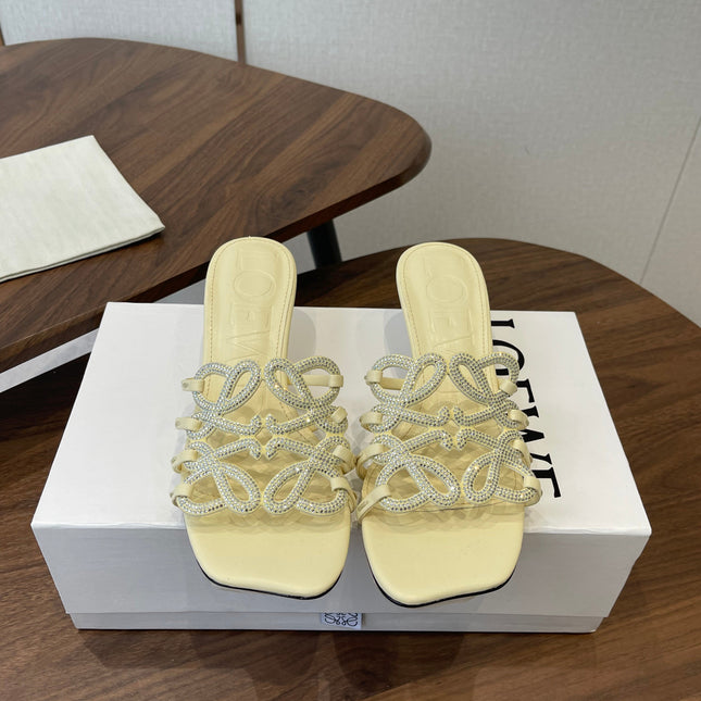 LOEWE 26S HIGH HEEL SANDALS IN LIGHT YELLOW CALFSKIN WITH CRYSTALS