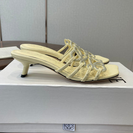 LOEWE 26S HIGH HEEL SANDALS IN LIGHT YELLOW CALFSKIN WITH CRYSTALS