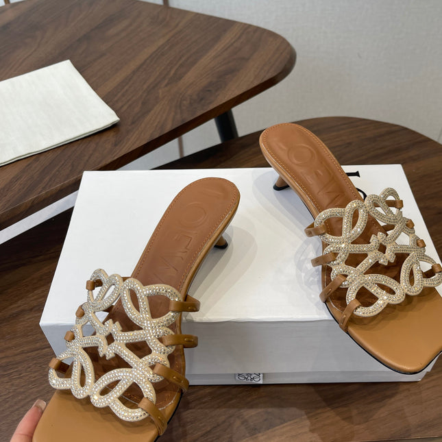 LOEWE 26S HIGH HEEL SANDALS IN CAMEL BROWN CALFSKIN WITH CRYSTALS