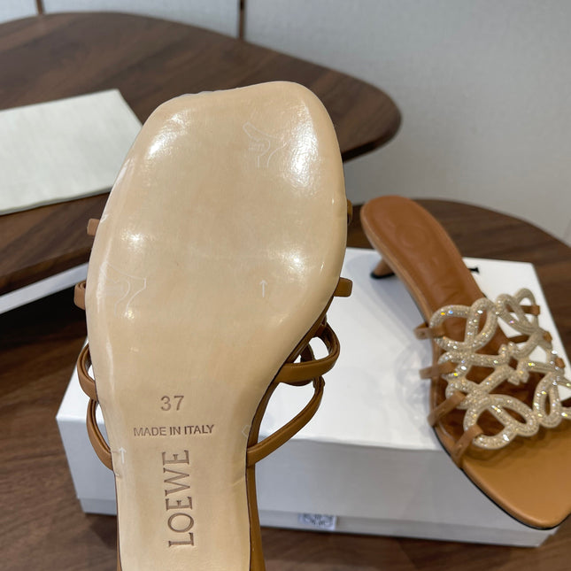 LOEWE 26S HIGH HEEL SANDALS IN CAMEL BROWN CALFSKIN WITH CRYSTALS