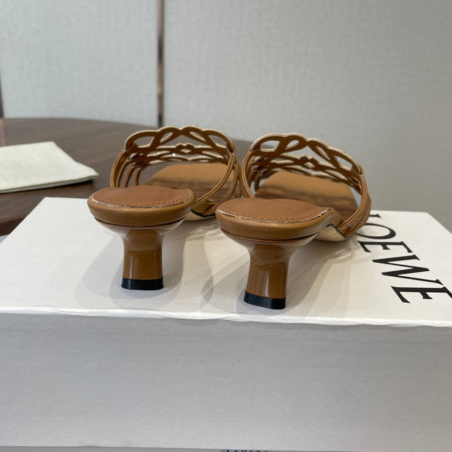 LOEWE 26S HIGH HEEL SANDALS IN CAMEL BROWN CALFSKIN WITH CRYSTALS
