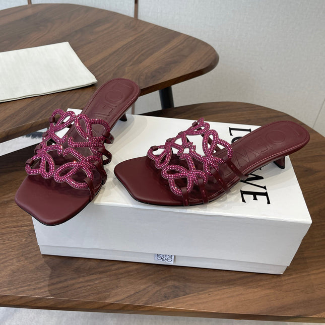 LOEWE 26S HIGH HEEL SANDALS IN WINE RED CALFSKIN WITH CRYSTALS