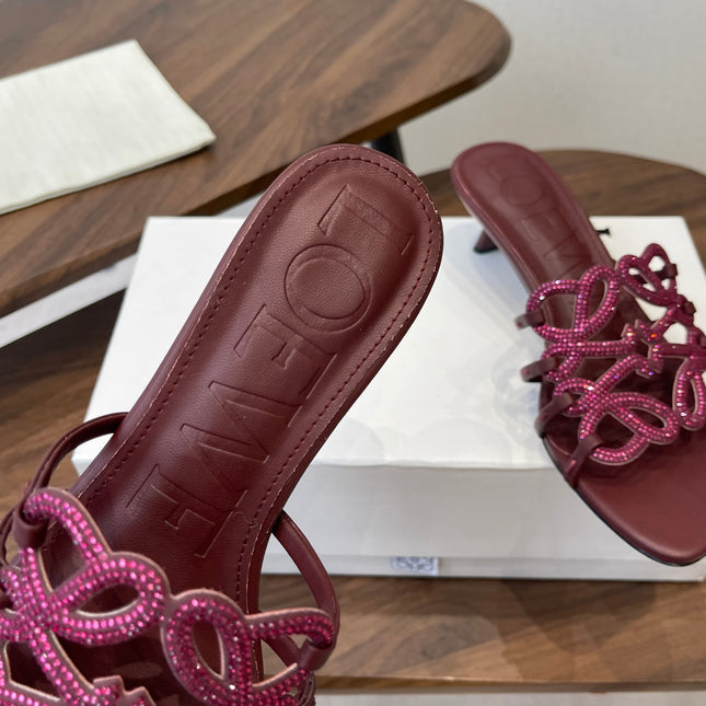 LOEWE 26S HIGH HEEL SANDALS IN WINE RED CALFSKIN WITH CRYSTALS