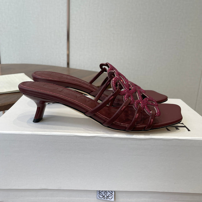 LOEWE 26S HIGH HEEL SANDALS IN WINE RED CALFSKIN WITH CRYSTALS