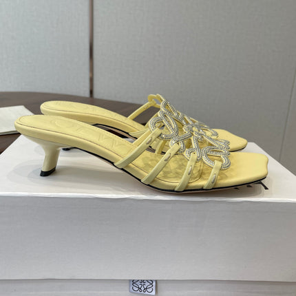 LOEWE 26S HIGH HEEL SANDALS IN BUTTER YELLOW CALFSKIN WITH CRYSTALS