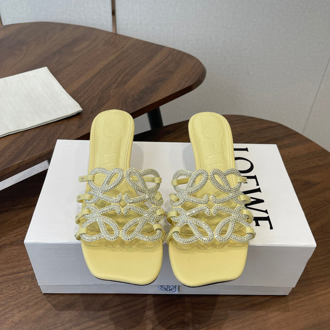 LOEWE 26S HIGH HEEL SANDALS IN BUTTER YELLOW CALFSKIN WITH CRYSTALS