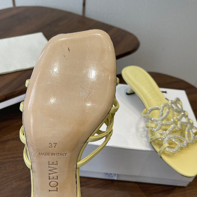LOEWE 26S HIGH HEEL SANDALS IN BUTTER YELLOW CALFSKIN WITH CRYSTALS