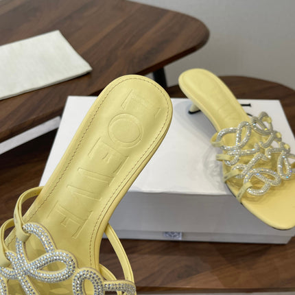 LOEWE 26S HIGH HEEL SANDALS IN BUTTER YELLOW CALFSKIN WITH CRYSTALS