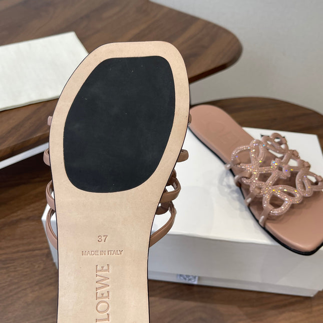 LOEWE 26S PETAL ANAGRAM SLIDE IN TAUPE BROWN CALFSKIN WITH CRYSTALS