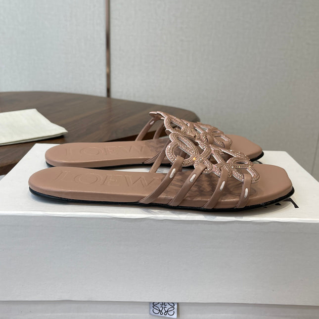 LOEWE 26S PETAL ANAGRAM SLIDE IN TAUPE BROWN CALFSKIN WITH CRYSTALS