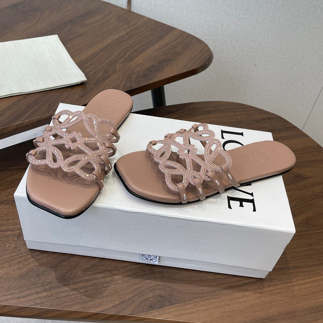 LOEWE 26S PETAL ANAGRAM SLIDE IN TAUPE BROWN CALFSKIN WITH CRYSTALS